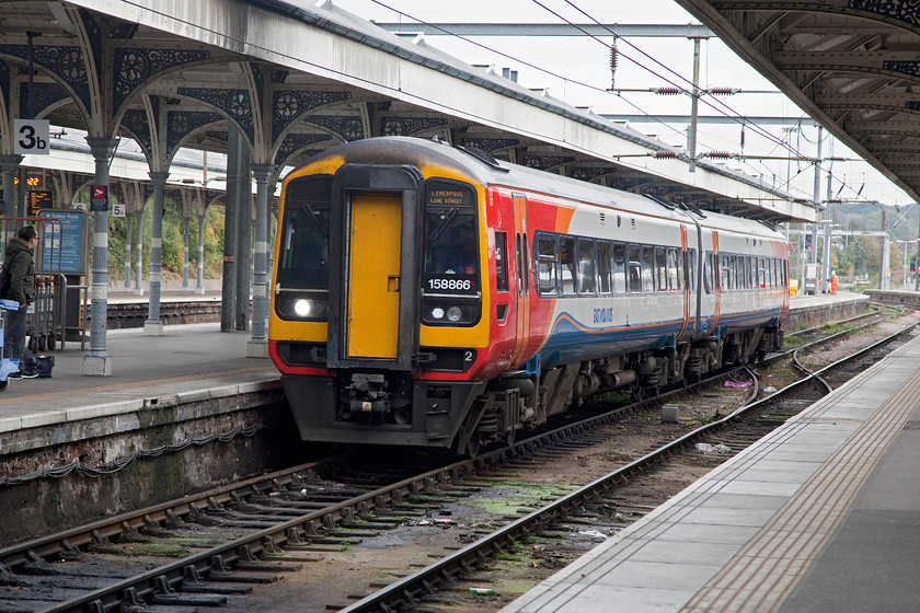 158866, EM 0009.0052 Liverpool Lime Street-Norwich (0001L0008), Norwich station 
 158866 eases into Norwich station arriving with the 09.52 from Liverpool Lime Street, a journey that has taken five and a half hours. I can think of better ways to spend this time rather than sitting in a class 158 unit! Having said that, these are not bad DMUs being relatively comfortable and, depending on where you sit, fairly quiet. 
 Keywords: 158866 09.52 Liverpool Lime Street-Norwich 1L08 Norwich station