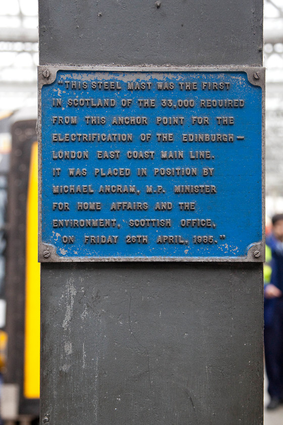 Commemorative plaque, platform 4, Edinburgh Waverley station 
 There are a number of these blue plaques up and down the length of the ECML. They commemorate various significant milestones during the electrification scheme from the mid 1980s to the early 1990s. This plaque is on Edinburgh Waverley station was unveiled by Michael Ancram who, as well as being a Scottish minister, was also the MP for Edinburgh South. 
 Keywords: Commemorative plaque platform 4 Edinburgh Waverley station