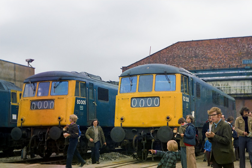 83005 & 82006, undergoing overhaul, Crewe Works 
 Outside at Crewe Works, two first generation electrics 83005 and 82006 sit under a very grey and drab sky. 83005 was new in 1960 and ended its life at Vic Berry's Leicester yard in November 1984. 82006 story was almost an exactly mirrored 83005 but for it being cut up 2 months earlier!