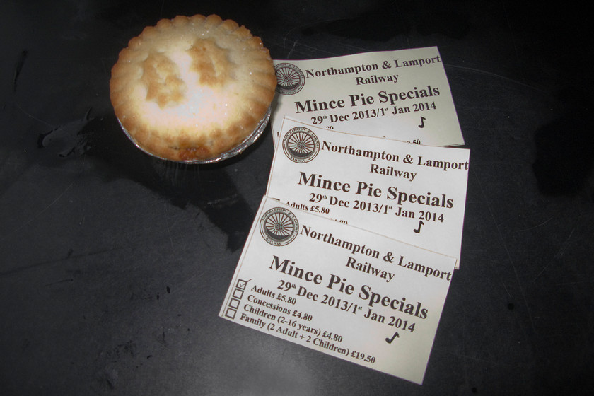 Mince pie specials, tickets and goodies! 
 Our tickets for travel on one of the Northampton and Lamport Railway's Mince Pie Specials. As well as travel, there was live music in the coach with a mince pie and glass of sherry (or something else appropriate) for travellers. 
 Keywords: Mince pie specials tickets and goodies