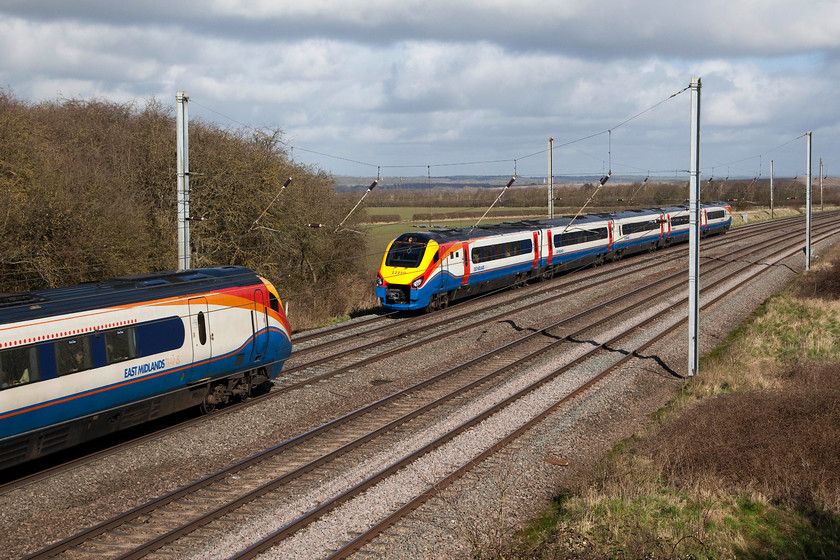 222009, EM 09.16 Corby-London St. Pancras (1P24, 1L) & 222016, EM 09.26 London St. Pancras-Sheffield (1F17, RT), Millbrook TL020397 
 Two Meridians pass at Millbrook just south of Bedford. In the foreground, 222009 just goes out of shot working the 1P24 09.16 Corby to London St. Pancras whilst 222016 heads north with the 1F17 09.26 St. Pancras to Sheffield. Whilst these Meridians have been good performers on the Midland Mainline, they are noisy and do not ride particularly well on the section of line between Kettering and Leicester. When I travel on this route, I always try to select an HST service as the Mk.3 experience is infinitely better than the class 222! 
 Keywords: 222009 1P24 222016 1F17 Millbrook TL020397