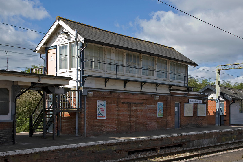 Thorpe-le-Soken signal box (GE, 1822), closed, used as NR office 
 The former Great Eastern Railway signal box located on Thorpe-le-Soken's island platform looks remarkably original given that it ceased to operate as a box in 2009. It is now used by Network Rail as a mess room performing no signalling duties. I hope the NR continue to maintain the structure in the correct manner as it is a fine example of a GE Type 2 box despite its rather poor 1937 crude extension over the flat-roofed building. 
 Keywords: Thorpe-le-Soken signal box GE closed NR office GER Great Eastern Railway