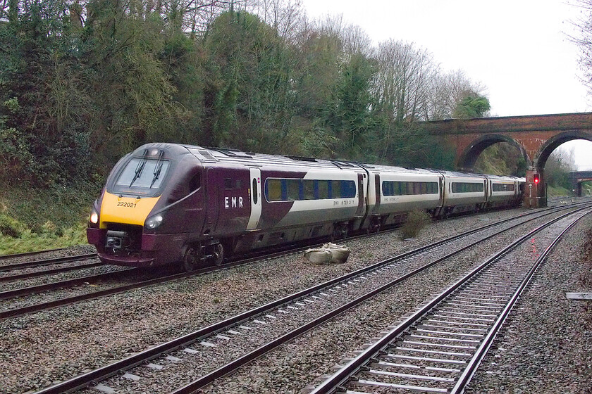 222021, EM 10.13 Chesterfield-London St. Pancras (1C35, 4L), Barrow-on-Soar station 
 In appalling winter light, I took a gamble on this 'grab shot' of 222021 passing Barrow-on-Soar station. The camera, Photoshop and Neat Image (a superb ISO noise, grain and artefacts reduction software package) have all worked together to present this presentable, if not overwhelmingly striking, image of the 10.13 Chesterfield to St. Pancras service. 
 Keywords: 222021 10.13 Chesterfield-London St. Pancras 1C35 Barrow-on-Soar station EMR Meridian