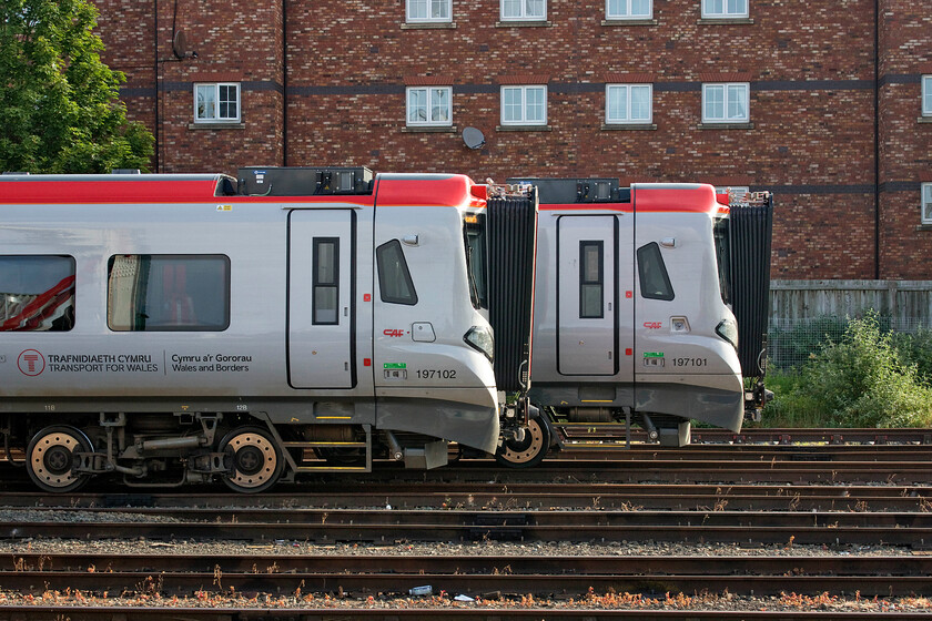 197102 & 197101, stabled, Chester Carriage Sidings 
 I really do think that from this angle that the front end of the new Class 197 units are extremely odd-looking rather like the face of a pug! Awaiting their run out for the day along the North Wales coast on driver training and mileage accumulation runs 197102 and 197101 are seen stabled in Chester's carriage sidings. I'm sure that when they enter service later this year replacing all manner of other units, some much older than others, that they will be a success and welcomed by the travelling public throughout the principality! 
 Keywords: 197102 197101 stabled Chester Carriage Sidings TfW Transport for Wales