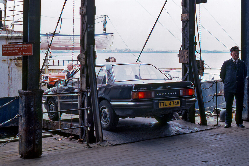 Loading ramp, MV Farringford, New Holland Pier 
 Another vehicle drives on to the deck of MV. Farringford prior to its 13.15 sailing from New Holland Pier to Hull Corporation Pier. The locally registered (Lincoln) black Vauxhall Viceroy seen here was just five months old and was last on the road in 1986 or 1987 so did not last particularly long at just five years! Not a well-remembered car, the Viceroy was a bit of an enigma in a number of ways and was not a sales success for Vauxhall then part of GM (Europe) with its other family members, the fastback Royale and the Carlton selling in much greater numbers. 
 Keywords: Loading ramp MV Farringford New Holland Pier Vauxhall Viceroy