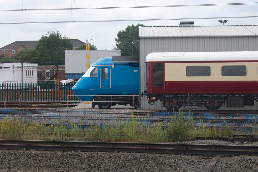 Class 43, stabled, Crewe LSL 
 Just poking its nose out of one of LSL's maintenance sheds at Crewe one of their very smart retro Pullman HST power cars is seen. I am not sure as to which power car this is but one was not used on the Heart of Wales Pullman charter two days later as it was deemed a failure with LSL having to hire one in from GWR. Unfortunately, this was not the end of LSL's woes as another failure occured on the return leg of the charter occupying a section of the Central Wales Line for several hours. 
 Keywords: Class 43 stabled Crewe LSL Pullman HST