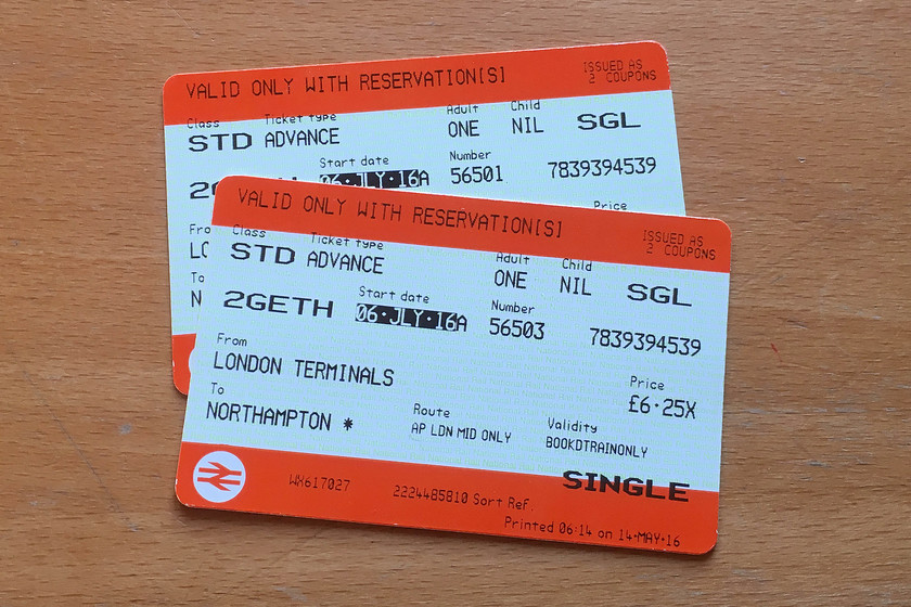 Tickets, London Euston-Northampton (outward tickets lost) 
 Our return off-peak tickets are pretty good value. Unfortunately, I lost the outward tickets! 
 Keywords: Tickets London Euston-Northampton