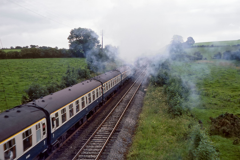 850, outward leg of Cumbrian Mountain Express, Carlisle-Skipton, Keld Farm 
 I salvaged this slide from the reject box! I was in two minds as to scan it or not, but have decided to as I had gone all the way to The Northern fells from Wiltshire to see this train! Former SR 850 'Lord Nelson' works hard on the climb to Appleby passing Keld Farm with the outward leg of The Cumbrian Mountain Express. On arrival at Appleby, about three miles south of this location, the train would pause for one of the fabled 'photostops'; something that does not occur today on railtours. This gave us gricers a chance to scramble back into our cars and get past the train to attempt another shot further along the line. On this day we raced at breakneck speed to Ais Gill summit. I have in my notes that the 1100, complete with five of us onboard, actually launched itself into the air on crossing a humped back bridge somewhere on the B6259 south of Kirby Stephen! Along with a procession of gricer's cars, we made it to Ais Gill but in the end, it was delayed so the racing was unnecessary!

There is an audio recording of this event on my youtube channel, see...https://youtu.be/7Pdd4TRvBpk 
 Keywords: 850, outward leg of Cumbrian Mountain Express, Carlisle-Skipton, Keld Farm 850 Lord nelson Maunsell