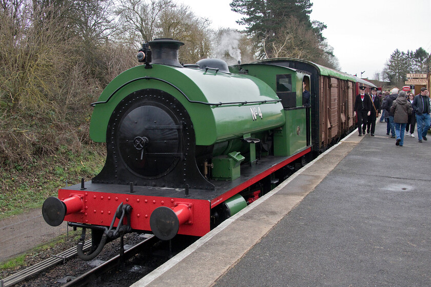 No. 4, 13.00 Pitsford return (13.00 Pitsford return), Pitsford & Brampton station 
 No. 4 (or Swanscombe No. 4 to give it its proper title) waits to leave Pitsford and Brampton station leading the 13.00 return service designated as a Mince Pie Special. My wife and I travelled on this train making it my first haulage for 2023. The heritage railway was healthily busy on this, the last day of public operation prior to the winter shutdown, with services beginning again in March. 
 Keywords: No. 4 13.00 Pitsford return Pitsford & Brampton station Hawthorne Leslie 0-4-0ST No. 3718 Swanscombe No.4