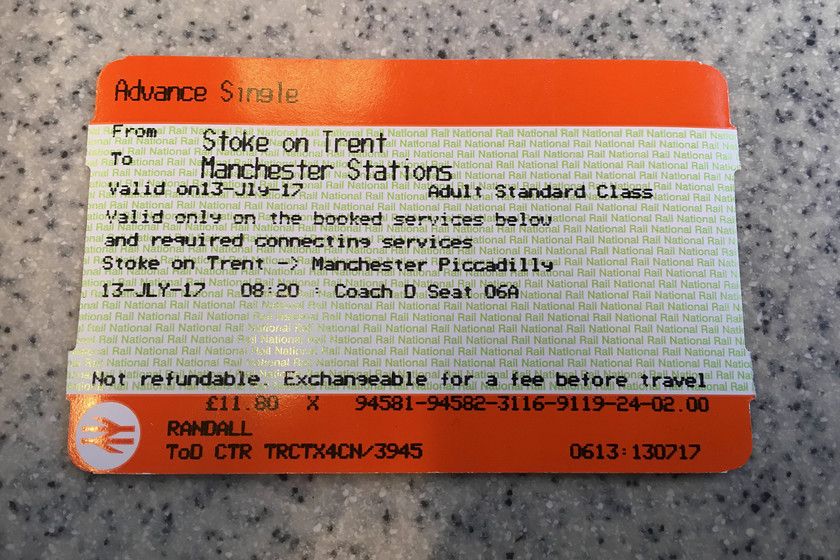 Ticket, Stoke-on-Trent-Manchester 
 The second of the split tickets was Stoke to Manchester stations (11.80).