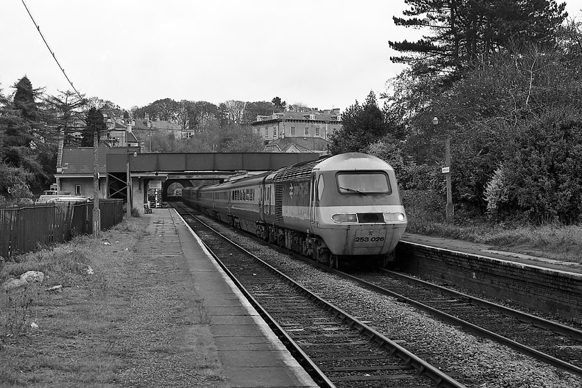 253026, unidentified diverted down working, Bradford-on-Avon station 
 HST set 253026 passes through Bradford-on-Avon station with an unidentified down service diverted off its usual route due to engineering works of some sort between Reading and Bath. The leading power car could have been either of 43052 or 43053 both of which ended up working on the Midland route out of St. Pancras. 
 Keywords: 253026 down working Bradford-on-Avon station HST