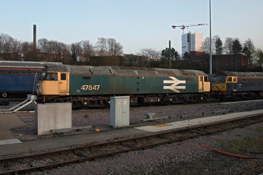 47847 & 47843, stabled, UKRL depot 
 In its British Railways and BR days, 47787 was shedded at various depots in the east and the north never being a locomotive that I spotted back in the 70s and 80s. In 1989 it was fitted with long-range fuel tanks and joined the dedicated InterCity pool. After some time with the now-defunct Riviera Trains, it joined GBR and has now ended up at UKRL's depot at Leicester awaiting some time and attention! 
 Keywords: 47847 47843 UKRL depot large logo