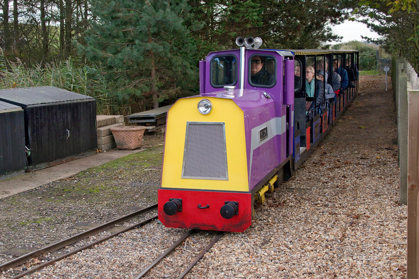 The Duke, 15.50 Pinewoods-Wells Harbour, Pinewoods station 
 After a visit to Wells-next-the-sea we took a walk along the sea wall path to Pinewoods and the beach. My wife insisted that she could not walk back due to her recent illness (fair point I suppose!) so we took the lovely Wells Harbour Railway from Pinewoods back to Wells. Here, our return train arrives at Pinewoods with the relatively new (built in 2104) diesel 'The Duke' leading. The ten and a quarter inch gauge line opened in 1976 and has gone through several owners since and its fortunes have waxed and wained. 
 Keywords: The Duke 15.50 Pinewoods-Wells Harbour Pinewoods station