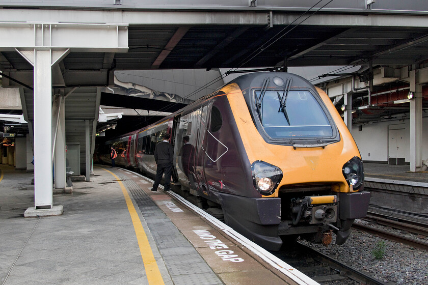 221128, XC 07.07 Edinburgh Waverley-Plymouth (1V52, 1L), Birmingham New Street station 
 Whilst waiting for our Crosscountry service from Birmingham to Gloucester the 07.07 Edinburgh to Plymouth service arrived then promptly sat in platform eleven for some ten minutes thus delaying the arrival of our train. 221128 waits to depart held, according to staff, because of signalling fault in the University area. Our train worked by a somewhat inadequate two-car Class 170 was even more delayed meaning that our connection at Gloucester was very touch-and-go. There was not even time for me to take a photograph of our train either on its arrival at Birmingham or after arrival at Gloucester thus breaking my unwritten rule of taking a photograph of every train travelled on! 
 Keywords: 221128 07.07 Edinburgh Waverley-Plymouth 1V52 Birmingham New Street station Crosscountry Voyager