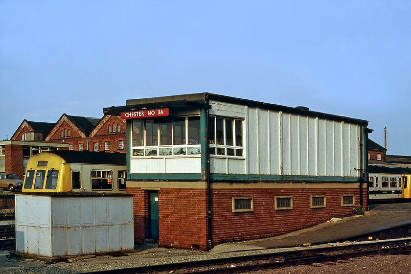 Chester No. 3A signal box (BR, 1963) 
 The rear of Chester's No. 3A signal box is seen with a Class 101 DMU behind displaying Rock Ferry on its destination blind. The box is a Type 15 British Railways (London Midland) structure that opened in 1963 replacing a lovely LNWR Type 4 box. If the BR box seen here seems familiar this is probably down to it being the type used by Hornby for their OO version enjoyed by many a railway modeller! 
 Keywords: Chester No. 3A signal box BR 1963