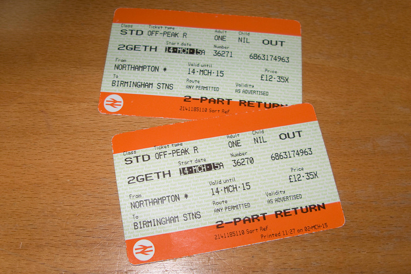 Tickets, Northampton-Birmingham New Street 
 Our outward tickets from Northampton to Birmingham New Street. Unusually, the cheapest option this time was as an off-peak return, more often than not, this is not the case. 
 Keywords: Tickets Northampton-Birmingham New Street