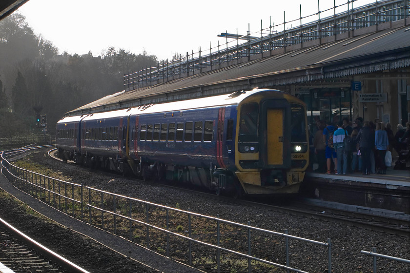 159954, GW 15.30 Cardiff Central-Portsmouth Harbour (1F25), Bath Spa station 
 Plenty of passengers are waiting to board an already busy 15.30 Cardiff to Portsmouth Harbour service at Bath Spa station. The three cars of 159954 are not really adequate for this number of passengers, something that FGW has been much criticised for over recent years. It is a marked comparison to times past when I have commented how few passengers there were on this station and then, the trains were so much longer, see..... https://www.ontheupfast.com/p/21936chg/29805504204/x33025-bristol-temple-meads-cardiff 
 Keywords: 159954 15.30 Cardiff Central-Portsmouth Harbour 1F25 Bath Spa station First Great Western