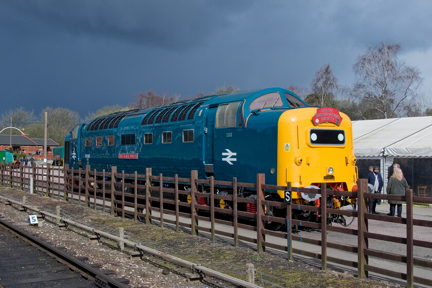 55009, on display, Quorn & Woodhouse Yard 
 After the Deltic Preservation Society's AGM 55009 'Alycidon' was available for all to see and photograph in some welcome sunshine outside the marquee in Qurn and Woodhouse's station yard. Despite the sunshine on the locomotive the sky behind is dramatic and paved the way for a series of very heavy rain showers that blighted the day somewhat. 55009 still wears the identity of 55013 'The Black Watch' that it took on last August for the re-run Coronation deltic charter that Andy and I went on, see....https://www.ontheupfast.com/p/21936chg/C385599545/x2-coronation-deltic-19-08-23 
 Keywords: 55009 Quorn & Woodhouse Yard Alycidon 55013 The Balck Watch