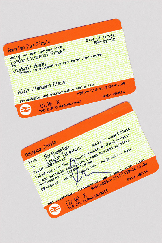 Tickets,Northampton-Chadwell Heath 
 Just over 18 is not a bad fare considering that it was a combination of an anytime and advanced single. As work paid, I was not too concerned though!