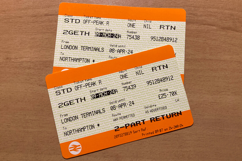 Tickets, London Euston-Northampton 
 Our return tickets from Euston to Northampton. Despite that our time of travel was after the rise in rail ticket prices as they were booked in advance they are still at the pre-increase price of 25.70. Next time we visit the capital on off-peak tickets using our two-together discount it will be interesting to see what the price will be. 
 Keywords: Tickets