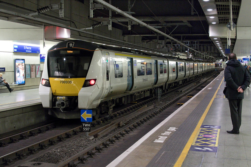 700035, TL 10.16 Luton-Rainham (9P23, 3L), London St 
 After a short walk from Euston to King's Cross and St. Pancras we were forced to alter our plans slightly. Due to the remodelling of King's Cross station, we discovered that some local services had been diverted away from the station. We were directed to St. Pancras Thameslink station down in the depths of the station. Whilst waiting on platform B 700035 is seen pausing with the 10.16 Luton to Rainham Thameslink service. 
 Keywords: 700035 10.16 Luton-Rainham 9P23 London St. Pancras International station Thameslink