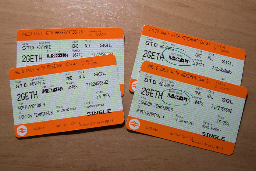 Tickets, Northampton-London Euston-Northampton 
 Our tickets from Northampton to London and back again. Not bad value on this occasion at 22 for the pair of us. 
 Keywords: Tickets Northampton-London Euston-Northampton