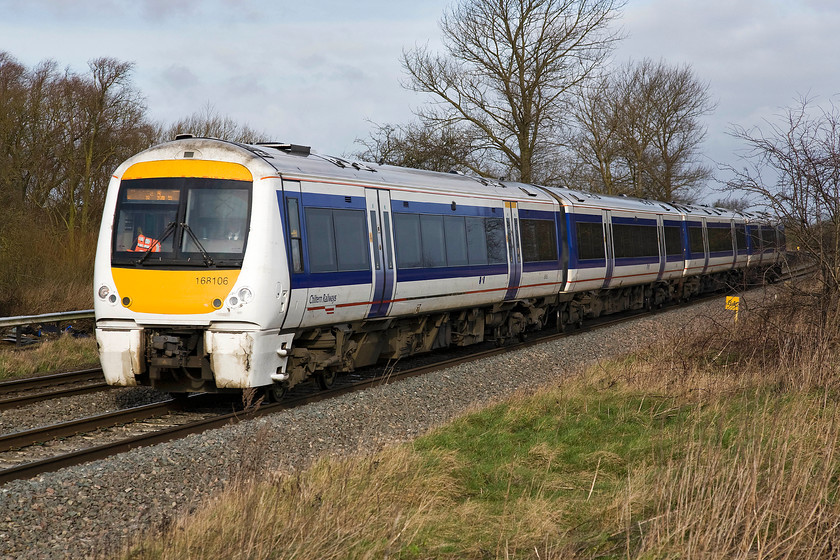 168106, CR 09.38 Stratford-on-Avon-London Marylebone (2N37), KIng's Sutton SP486377 
 Chiltern's 168106 approaches King's Sutton with the 09.30 Stratford-on-Avon to Marylebone in some welcome winter sunshine. A few miles south of this location the line splits at Aynho Junction where the Chiltern unit will head off to the left and take the route to London via Bicester and High Wycombe. The milepost reading eight four refers to the distance to Paddington via the GWR route through Oxford and Didcot. 
 Keywords: 168106 CR 09.38 Stratford-on-Avon-London Marylebone 2N37 King's Sutton SP486377mTurbo Chiltern Railways