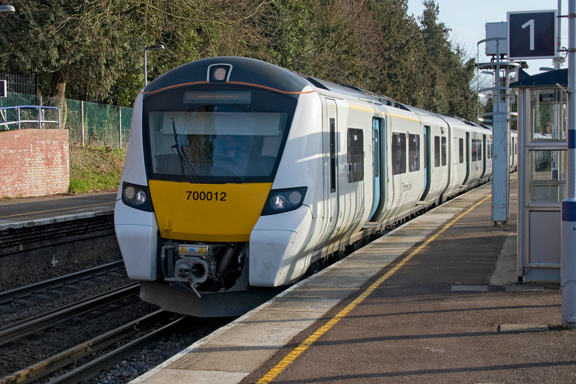 700012, TL 14.58 Sevonoaks-London Blackfriars (9Y38, 1L), Otford station 
 Seen just over an hour earlier at Eynsford station, 700012 returns from Sevonoaks as the 14.58 to London Blackfriars. It is seen entering Otford station. The station was opened in 1874 by the London, Chatham and Dover Railway and is located just a few miles north of Sevonoaks. 
 Keywords: 700012 14.58 Sevonoaks-London Blackfriars 9Y38, Otford station