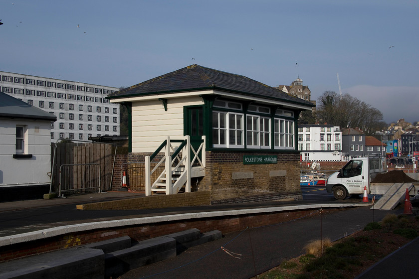 Folkestone Harbour signal box (SE & CR, 1933) (Closed) 
 Folkestone Harbour signal box is seen having been appropriately restored complete with a reproduction enamel name board. Since its official closure Folkestone Harbour station, along with the box, is having a new lease of life as part of the harbour leisure complex. The box was built by the Folkestone South Eastern and Chatham Railway but there is some debate as to when it opened, does anybody have a definitive answer to this question? 
 Keywords: Folkestone Harbour signal box