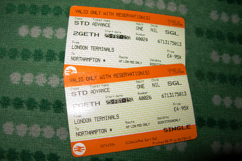 Tickets, London Euston-Northampton 
 The return tickets from Euston to Northampton. With the same fare for the return journey, it meant that my wife and I did the entire trip for under 20; great value! 
 Keywords: Tickets London Euston-Northampton