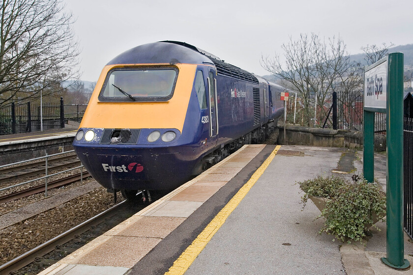 43183, GW 12.00 London Paddington-Bristol Temple Meads, Bath Spa station 
 It appears that HST power car 43183 has been in collision with a pretty substantial bird of some kind as it has actually broken the mesh that covers the horns. The train is seen arriving at Bath Spa working the 12.00 Paddington to Bristol FGW service. After a number of stops/starts/pauses to the electrification programme announced four years ago by the Blair Government work is now underway so the future of these iconic trains on this line is now finite, but for how long? 
 Keywords: 43183 12.00 London Paddington-Bristol Temple Meads Bath Spa station FGW First Great Western HST