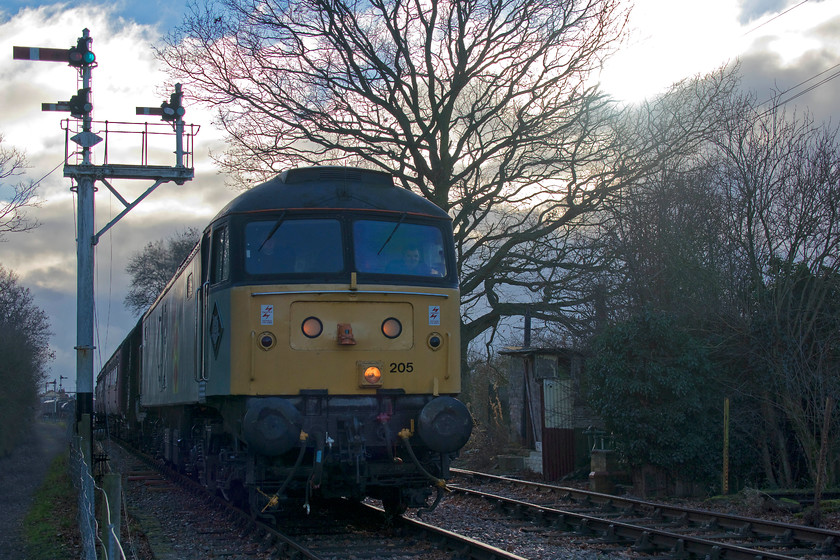 47205, 13.00 Pitsford return, Pitsford north sidings 
 My first picture of 2019 and it's 47205 again! It is seen leading the 13.00 Pitsford return working away from Pitsford and Brampton station at its base on the Northampton and Lamport Railway. A photograph that breaks the rules by taking it into the sun but I really love the skeletal tree that is silhouetted against the bright sky. 
 Keywords: 47205 13.00 Pitsford return Pitsford north sidings