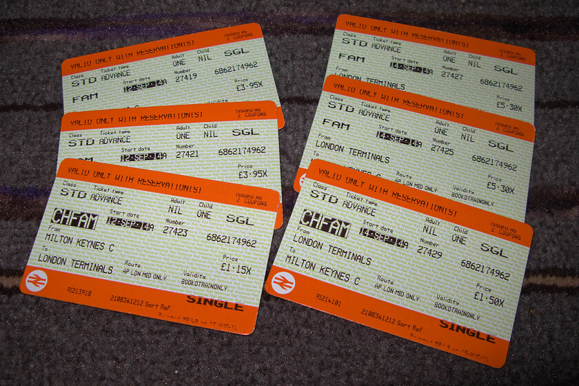 Return tickets, Milton Keynes Central-London Euston-Milton Keynes Central 
 Our ridiculously cheap return tickets from Milton Keynes to Euston came in at just over 20 for all three of us. Yes, that was with a family railcard and on booked trains but nonetheless it only proves that competitive fares are out there if one takes a little time to plan ahead! 
 Keywords: Return tickets, Milton Keynes Central-London Euston-Milton Keynes Central