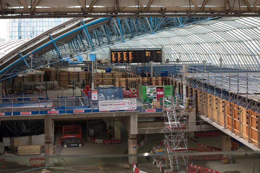 Former Eurostar platforms under development, London Waterloo station 
 The former Eurostar platforms 20-24 closed in November 2007 when services were transferred, with great fanfare, to St. Pancras 'International'. Since that date, the story of their fate turned into a complete farce. Despite chronic overcrowding in Waterloo, they remained unused and completely empty! Finally, in July of this year, work started to reintegrate them back into the working infrastructure of the station. This work is seen underway in this image and is due to be completed sometime in late 2018....we will see? 
 Keywords: Former Eurostar platforms under development London Waterloo station