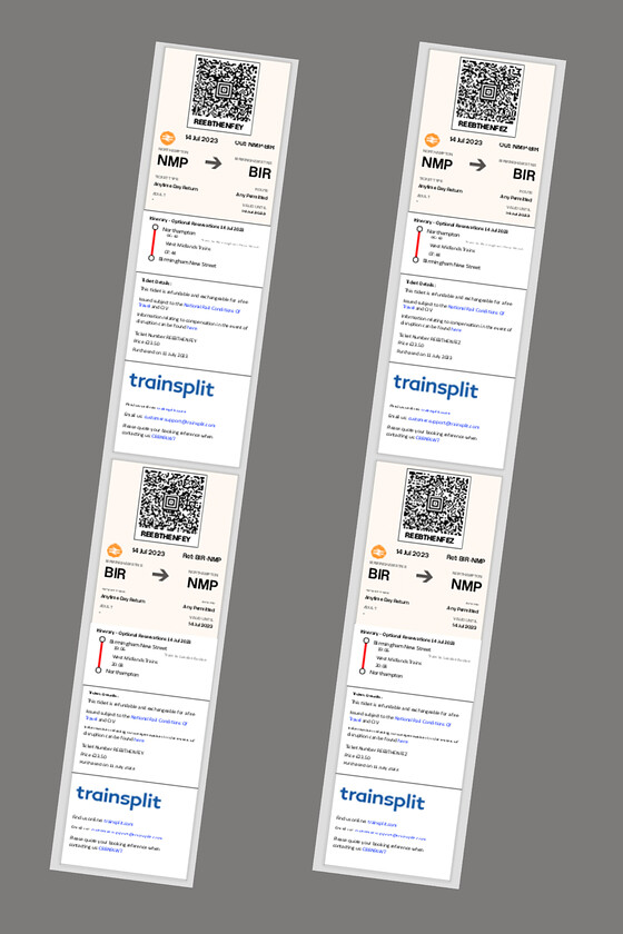 Tickets, Northampton-Birmingham New Street-Northampton 
 I don't like using e-tickets as a rule but sometimes it has to be done. Due to the early start to the day from Northampton, our only option was the more expensive anytime-day return that did not load our two-together discount on the outward journey as it was before 09.00. 
 Keywords: Tickets Northampton-Birmingham New Street-Northampton