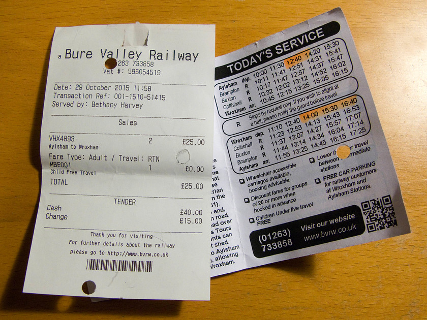 Tickets, Aylsham-Wroxham-Aylsham 
 Our ticket for travel on the Bure Valley Railway. I think that 20 for three of us to make the journey from Aylsham to Wroxham and return is good value as a top ten Norfolk tourist attraction. Notice that children under sixteen go free. 
 Keywords: Tickets Aylsham-Wroxham-Aylsham