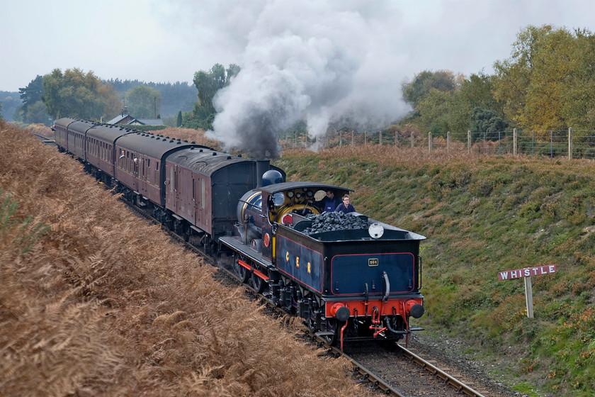 564, 11.25 Holt-Sheringham, Kelling Heath 
 Having worked to Holt leading the first steam-hauled service of the day, Y14 number 564 now leads tender first with the return 11.25 to Sheringham over Kelling Heath. In the intervening thirty minutes since the train last passed me the cloud has rolled in and the sun has gone making the scene look rather dull only brightened up by the decaying bracken (Pteridium) proliferating on the embankment in the foreground. 
 Keywords: 564 11.25 Holt-Sheringham Kelling Heath GER Y14