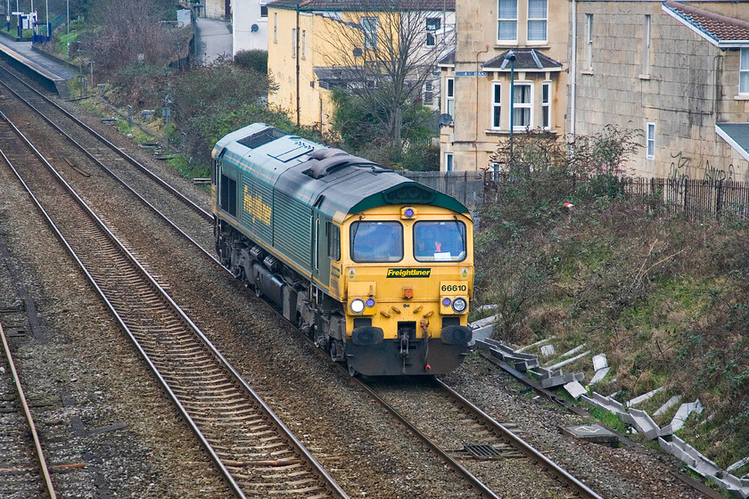 66610, Westbury LE, Oldfield Park, Brougham Heyes Bridge 
 My last photograph at Oldfield Park sees Freightliner's 66610 passing light engine heading to Westbury. Freightliner locomotives ar not as common in this part of the country as I am used to in my home area adjacent to the WCML. 
 Keywords: 66610 Westbury Light engine Oldfield Park Brougham Heyes Bridge