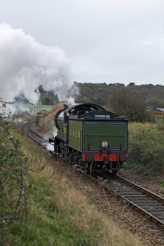 8572, Weybourne-Sheringham LE working, Weybourne TG122424 
 Having been fired much earlier in the morning by the dedicated staff of the North Norfolk Railway B12 8572 is ready for a day's work on the railway. It runs light engine tender first from Weybourne to Sheringham. After yesterday's sunshine, today had started grey and dull with, looking at the way the exhaust is heading, a brisk north-westerly wind off the North Sea. 
 Keywords: 8572 Weybourne-Sheringham LE working Weybourne TG122424 LNER B12