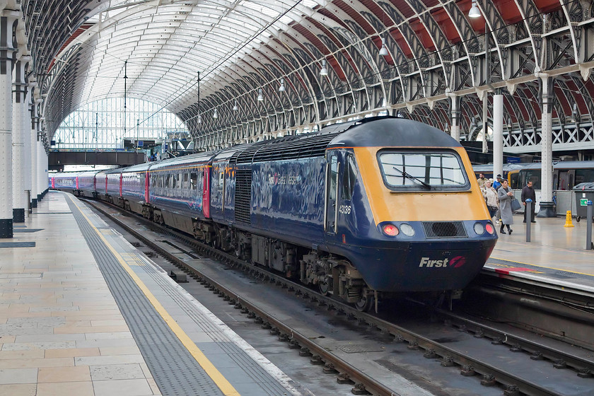 43136, GW 12.00 London Paddington-Penzance (1G82, 29L), London Paddington station 
 43136 stands under Paddington's superb overall roof about to work the 12.00 to Penzance. This train is not at platform one or two where the Penance trains usually depart from as engineering works had closed these ones. 43136 was a late delivery to the Western Region in 1981 as part of set 253033 to augment the West of England services, something it is still doing nearly forty years later! 
 Keywords: 43136 12.00 London Paddington-Penzance 1G82 London Paddington station