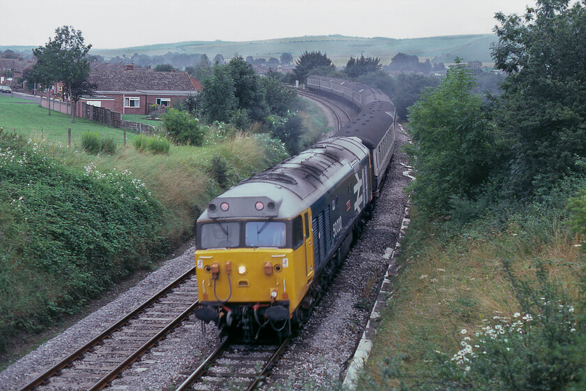 50020, 11.10 London Waterloo-Exeter St. David's (1V11), Salisbury London Road bridge 
 Wearing its large logo livery and sporting its high-intensity centre headlight 50020 'Revenge' approaches Salisbury Tunnel Junction leading the 11.10 Waterloo to Exeter St. David's 1V11 service. This slide was rescued from the rejects box being very badly exposed but with some time in Photoshop, a reasonable image has been presented. Extensive vegetation growth, particularly to the left of this scene, has made this view almost unrecognisable today. It was of course these trees and their errant leaves that contributed to the long and uncontrolled slide by 159102 on the night of 31.10.21 that found it colliding with 158762 and 158763 in the entrance to Salisbury's Fisherton tunnel just behind where I standing on the A30 London Road bridge. 
 Keywords: 50020 11.10 London Waterloo-Exeter St. David's 1V11 Salisbury London Road bridge Revenge