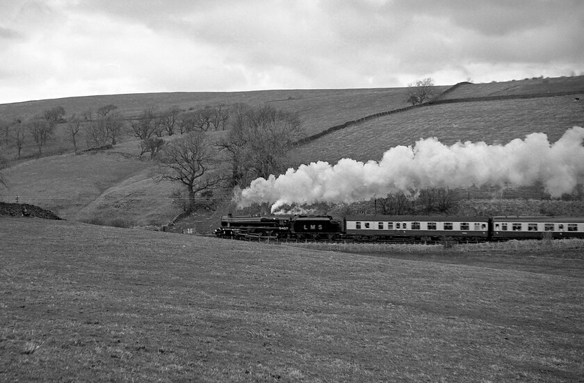 5407, return leg of The Cumbrian Mountains Express, Hellifield-Carnforth, Giggleswick 
 5407 wearing its authentic LMS black lined livery and number is seen broadside working hard climbing away from Settle Junction on the 1:100 rising gradient near Low Paley Green. Once passengers arrive at the train's destination they will have to have made their own onward return arrangements as, unusually, the charter originated at Carlise but was returning to Carnforth. This particualar Black five was one of the steam locomotives to make it right to the end of steam in August 1968. It was immediately bought for preservation for the grand total of 3,300 and then purchased by Paddy Smith who operated it for a number of years most notably on the early Jacobite charters in Scotland. 
 Keywords: 5407 The Cumbrian Mountains Express Hellifield-Carnforth Giggleswick Black five