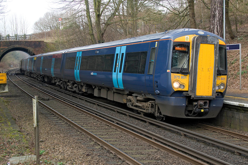 375801 & 375603, SE 09.40 London Charing Cross-Dover (2R24, 4L), Sandling station 
 375801 and 375503 drift into Sandling station working the 09.40 Charing Cross to Dover. Until the opening of HS1's section one in September 2003, services such as this one through Sandling shared the tracks with 300kmh capable class 373s forced to operate at a fraction of their maximum design speed! 
 Keywords: 375801 375603 09.40 London Charing Cross-Dover 2R24 Sandling station