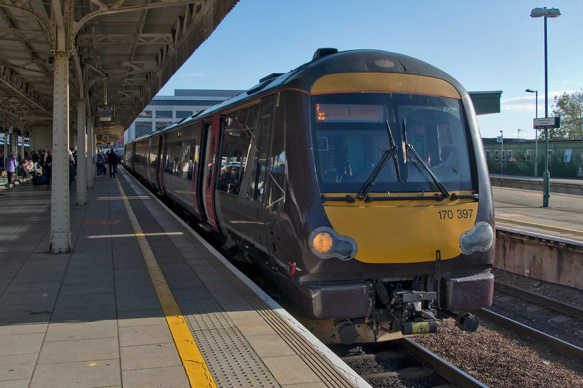 170397, XC 08.09 Nottingham-Cardiff Central (1V05, 1L), Cardiff Central station 
 Having travelled down from Birmingham New Street in 170397, the train rests at Cardiff Central station. The train had started out from Nottingham as the 1V05 at 08.09. It was a pleasant and relaxed journey and I have to compliment CrossCountry on their WiFi, it worked well and never dropped out meaning that my boss and I could catch up with some much-needed work. Note the remarkable change in the weather from when we left Northampton three hours earlier, see.... https://www.ontheupfast.com/v/photos/21936chg/28135159004/x350232-07-13-london-euston-crewe 
 Keywords: 170397 08.09 Nottingham-Cardiff Central 1V05 Cardiff Central station