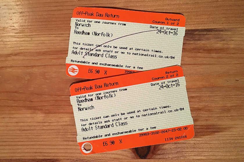 Tickets, Norwich-Reedham-Norwich 
 My return tickets from Norwich to Reedham. Notice that the tickets states Reedham (Norfolk) so as not to be confused with Reedham located in Purley, Surrey. 
 Keywords: TicketsNorwich-Reedham-Norwich