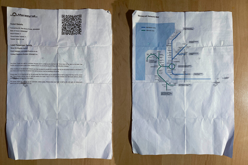 Merseyrail Day Saver ticket 
 Our on-line pre-purchased Merseyrail Day Saver tickets are seen. Despite having a QR code it could not be used to access stations and trains with the rather moth-eaten A4 paper ticket having to be shown to gate staff and travelling inspectors. I have been extremely critical of Merseyrail in the past with their over-bearing approach but credit where it's due; at just over 10 for both of us, this ranger ticket represents terrific value for money. 
 Keywords: Merseyrail Day Saver ticket