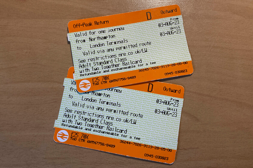 Tickets, Northampton-London Euston 
 Our outward tickets from Northampton to Euston. It is pretty common for my wife and me, using our two-together discount, to travel on an off-peak return booked in advance. However, the price is creeping steadily up and up; gone are the days of the 12.50 return! 
 Keywords: Tickets Northampton-London Euston