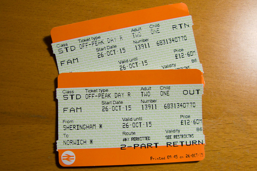 Tickets, Sheringham-Norwich-Sheringham 
 Our family day return from Sheringham to Norwich was reasonable value at 12.60. However, this price did include our family and friends discount loaded. 
 Keywords: Tickets Sheringham-Norwich-Sheringham