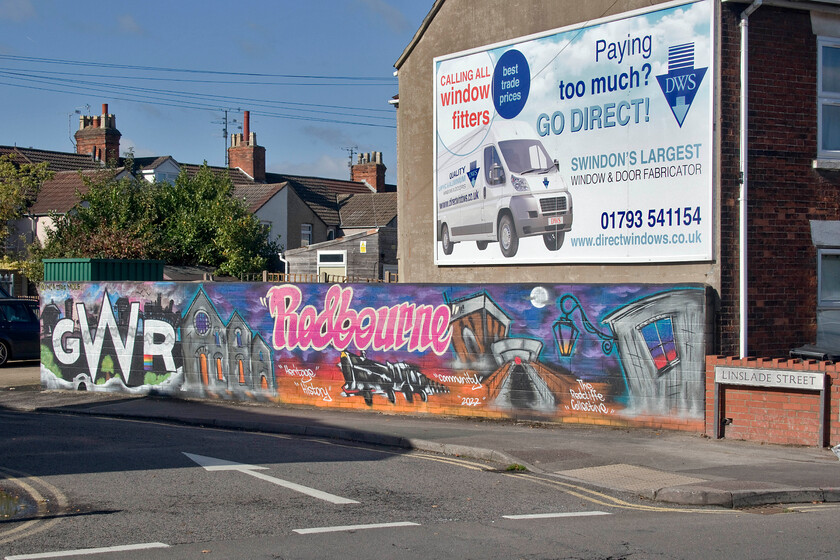 Mural, Linslade Street, Swindon 
 Regular readers of my website know my feelings on the graffiti that blights the railways and other parts of our society for that matter; however, I am mindful to make an exception in this case! The quality of the mural highlights the area's railway heritage. I am actually standing on land that would once have been inside the perimeter of the works in the Redbourne area of Swindon. Whenever I return to Swindon I always reflect on the fact that I almost settled in the town back in 1987 as I worked locally but secured better-paid employment in Northamptonshire and the rest they say is history. 
 Keywords: Mural, Linslade Street, Swindon