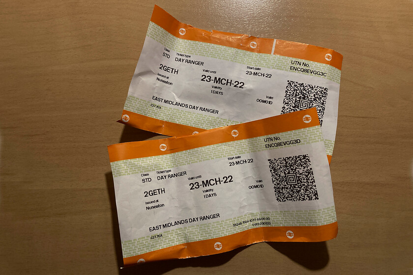 Day Ranger tickets 
 Andy and my East Midlands Day Ranger tickets cost us 27.70 each with our two together discounts loaded. We got pretty good value out of them with an average of just over eleven pence per mile for our two hundred and forty-mile extravaganza around the East Midlands! However, last summer's West Midlands Day Ranger worked out to be better value at just over seven pence per mile. 
 Keywords: Day Ranger tickets